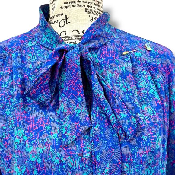 Vintage Willi Size M Blue Belted Midi Dress Brooch USA Secretary - Picture 5 of 10